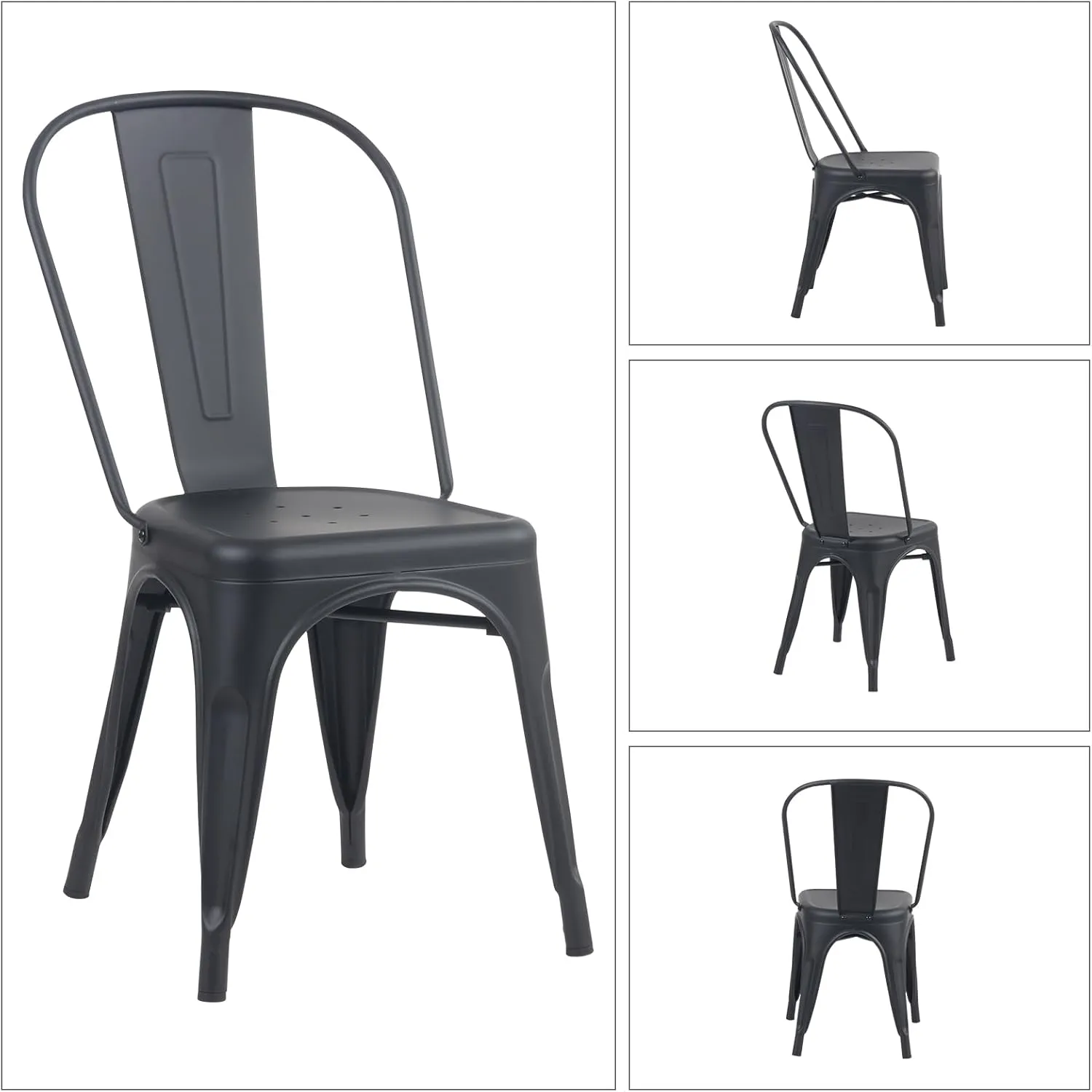 YOUNIKE Metal Dining Chairs Set of 4 Iron Stackable Removable Back Cafe Side Patio Chairs Rubber Feet Stylish Modern Indoor Outdoor Classic Chic Industrial Vintage Bistro Kitchen Matte Black