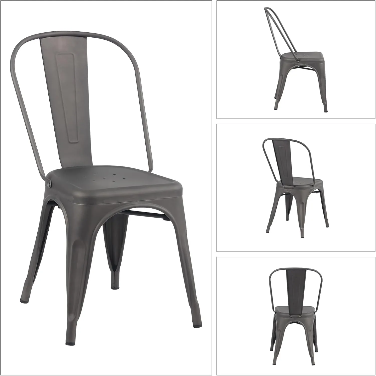 YOUNIKE Metal Dining Chairs Set of 4 Iron Stackable Removable Back Cafe Side Patio Chairs Rubber Feet Stylish Modern Indoor Outdoor Classic Chic Industrial Vintage Bistro Kitchen Rusty Grey