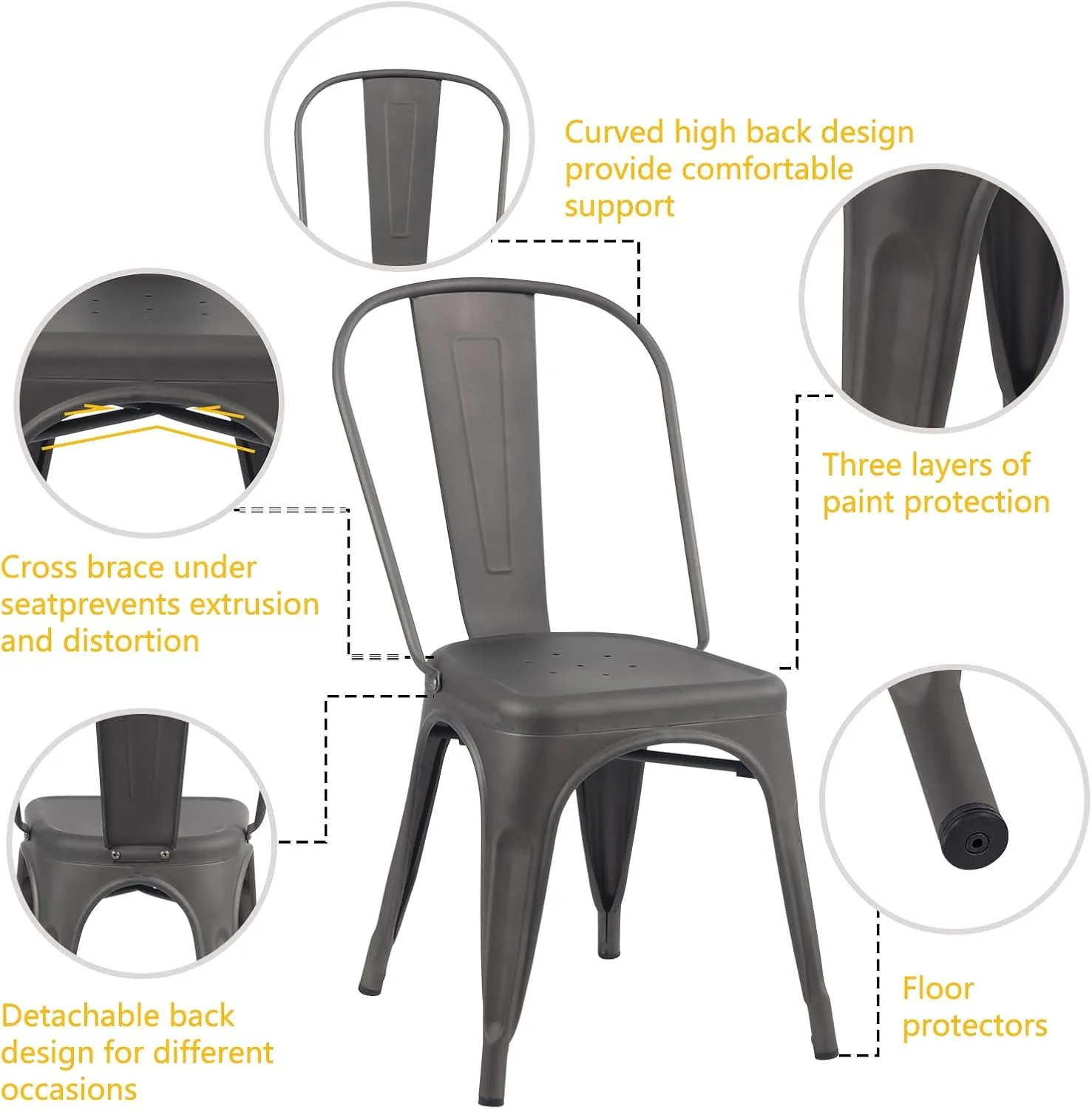YOUNIKE Metal Dining Chairs Set of 4 Iron Stackable Removable Back Cafe Side Patio Chairs Rubber Feet Stylish Modern Indoor Outdoor Classic Chic Industrial Vintage Bistro Kitchen Rusty Grey