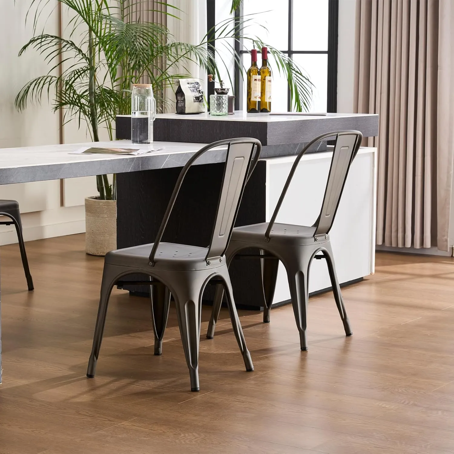 YOUNIKE Metal Dining Chairs Set of 4 with Removable Back Cafe Side Chairs with Rubber Feet Stylish and Modern Chairs for Kitchen Dining Rooms and Side Bar, Dark Grey