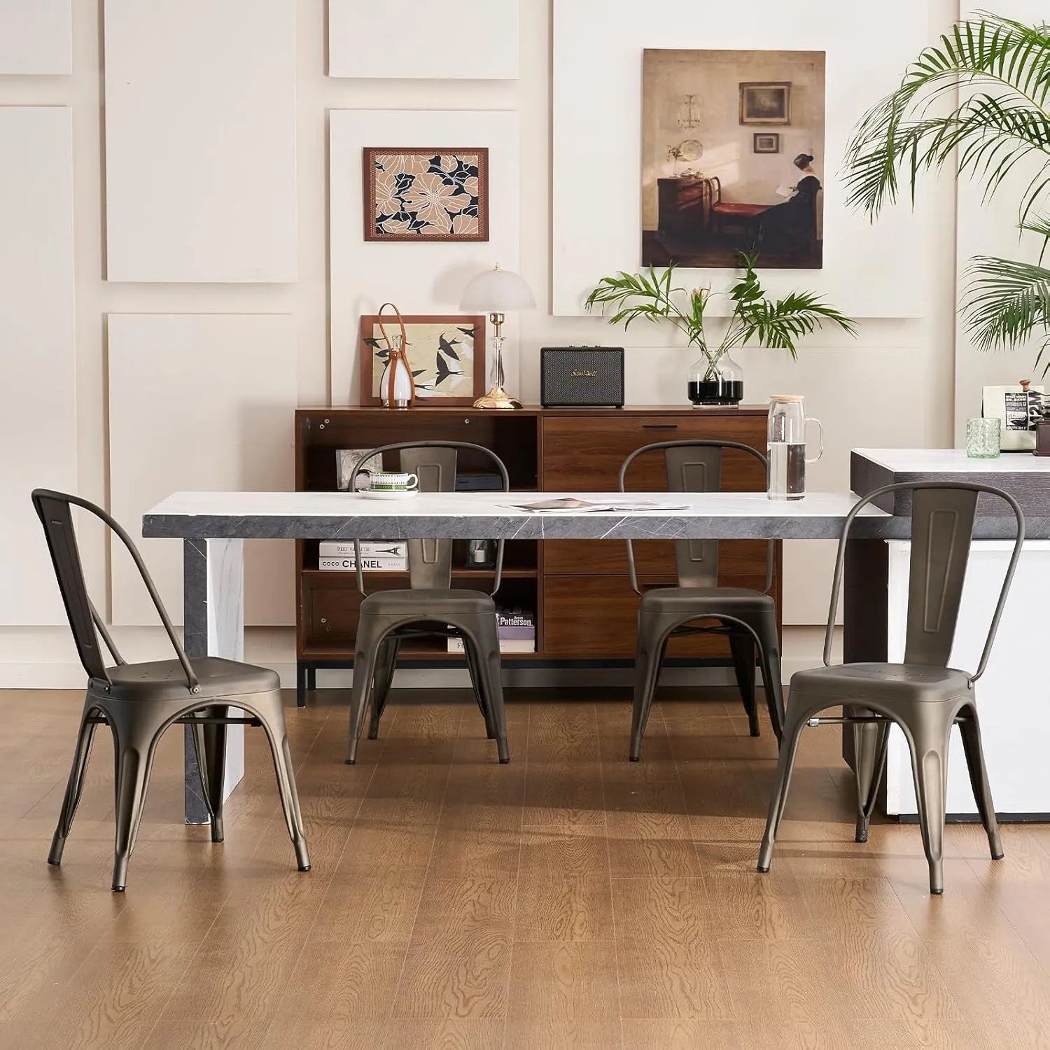 YOUNIKE Metal Dining Chairs Set of 4 with Removable Back Cafe Side Chairs with Rubber Feet Stylish and Modern Chairs for Kitchen Dining Rooms and Side Bar, Dark Grey
