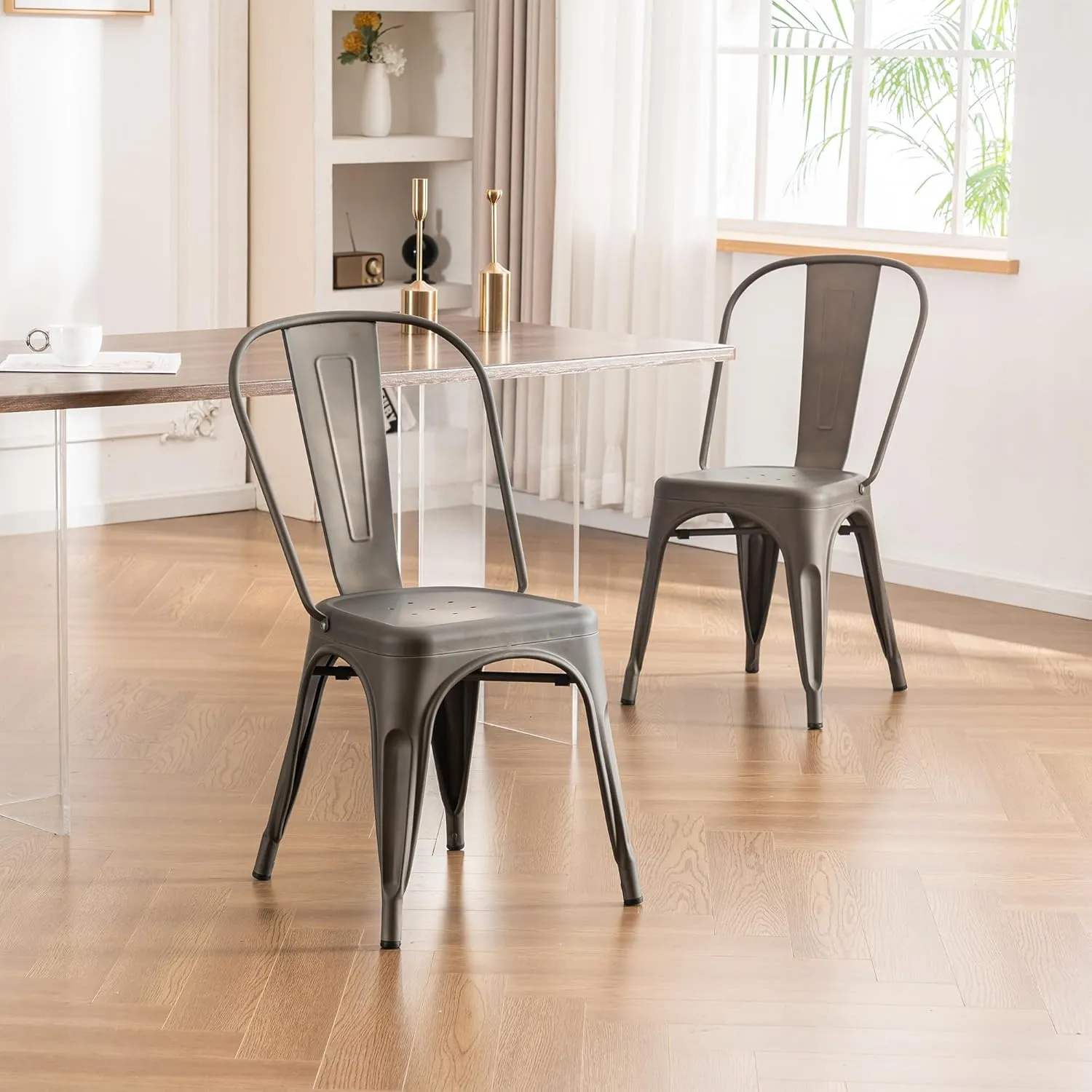 YOUNIKE Metal Patio Dining Chair Set of 4 Dark Grey Farmhouse Tolix Style for Kitchen Dining Room Restaurant Bistro Stackable Waterproof Indoor/Outdoor