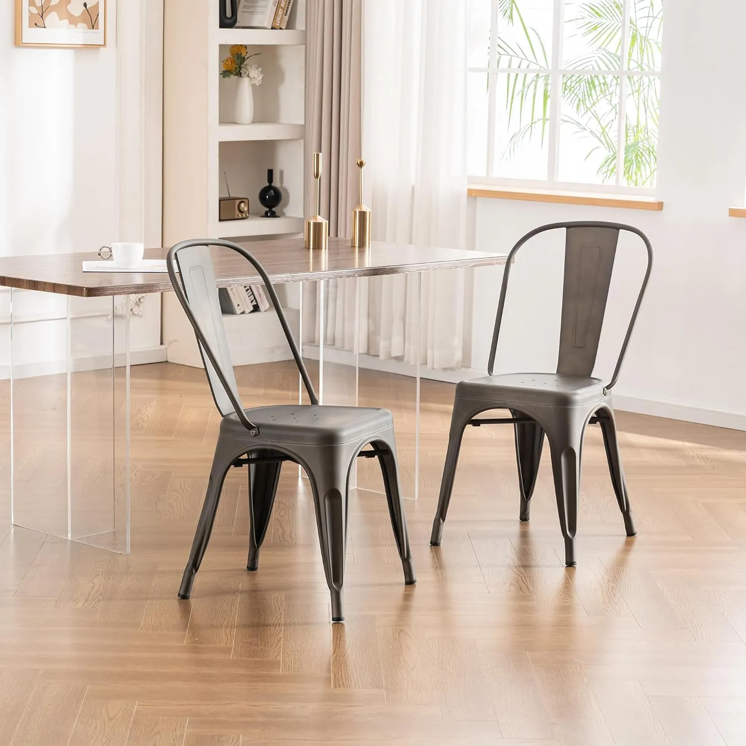 YOUNIKE Metal Patio Dining Chair Set of 4 Dark Grey Farmhouse Tolix Style for Kitchen Dining Room Restaurant Bistro Stackable Waterproof Indoor/Outdoor