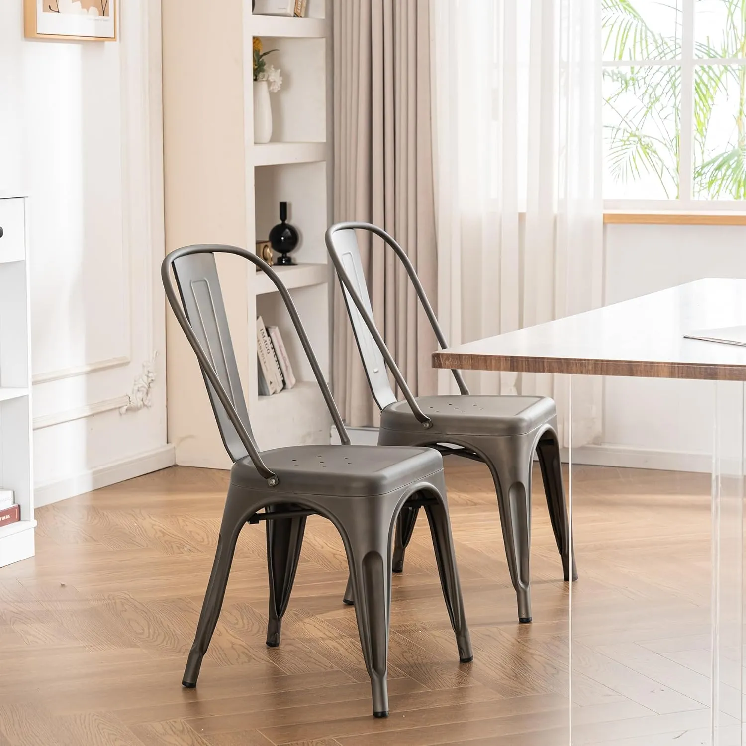 YOUNIKE Metal Patio Dining Chair Set of 4 Dark Grey Farmhouse Tolix Style for Kitchen Dining Room Restaurant Bistro Stackable Waterproof Indoor/Outdoor