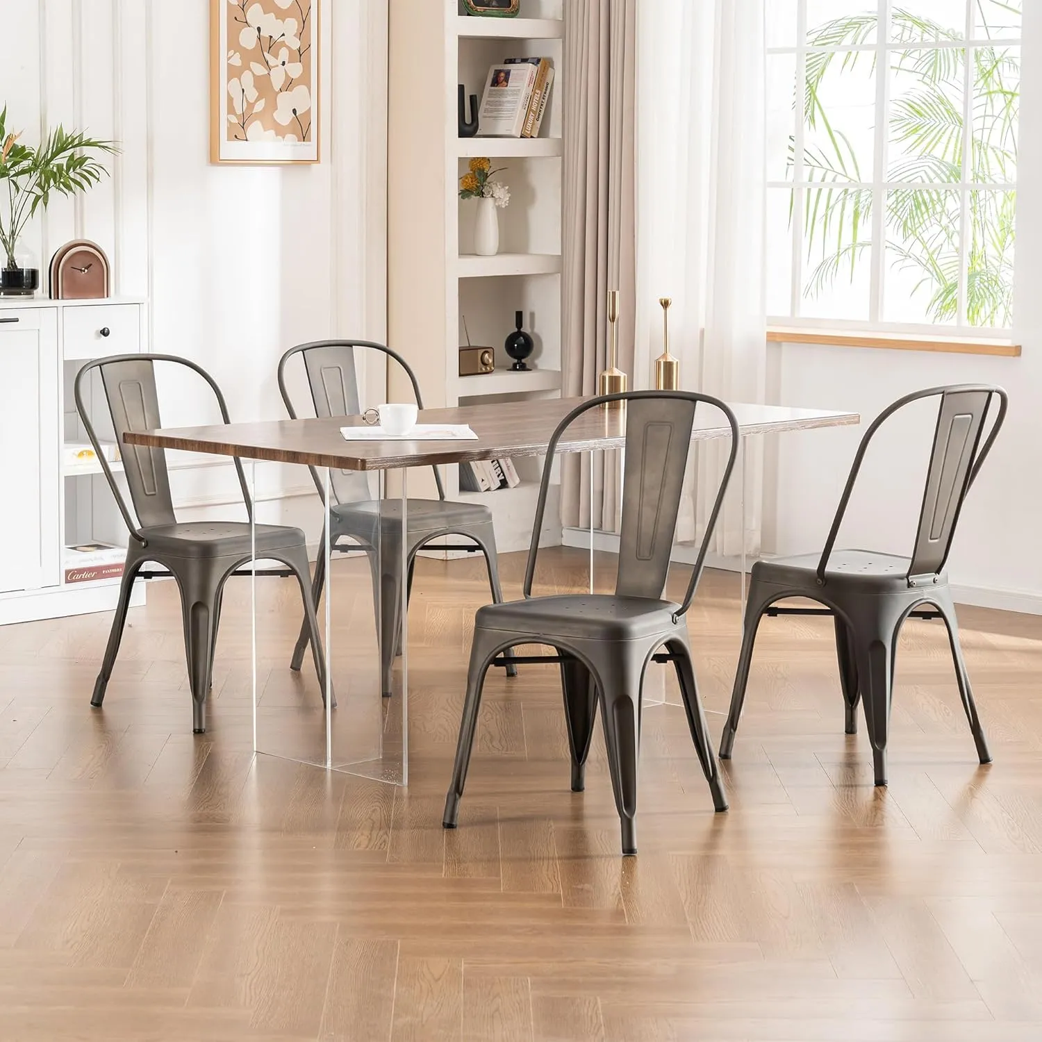YOUNIKE Metal Patio Dining Chair Set of 4 Dark Grey Farmhouse Tolix Style for Kitchen Dining Room Restaurant Bistro Stackable Waterproof Indoor/Outdoor