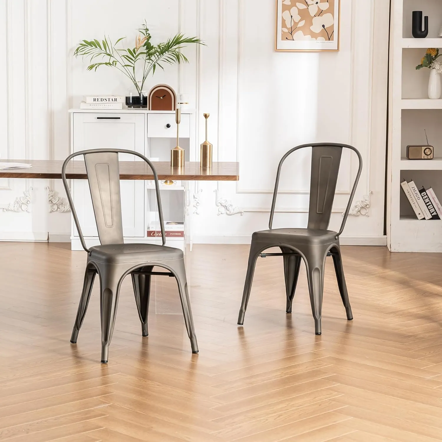 YOUNIKE Metal Patio Dining Chair Set of 4 Dark Grey Farmhouse Tolix Style for Kitchen Dining Room Restaurant Bistro Stackable Waterproof Indoor/Outdoor