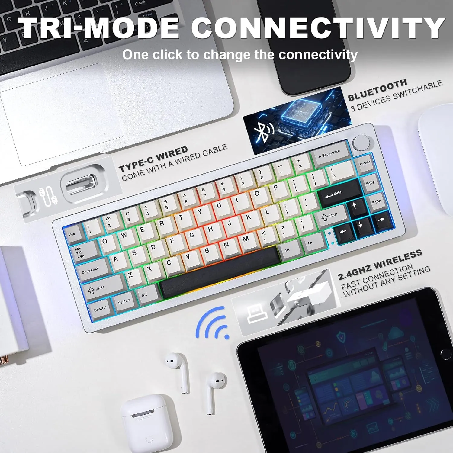 YUNZII AL66 Wireless Mechanical Keyboard,Full Aluminum CNC,65% Knob Control,Bluetooth/2.4G/Wired,Hot Swappable Pre-lubed Switches,Gasket Mounted RGB for Win/Mac(Milk Switch, Silver)