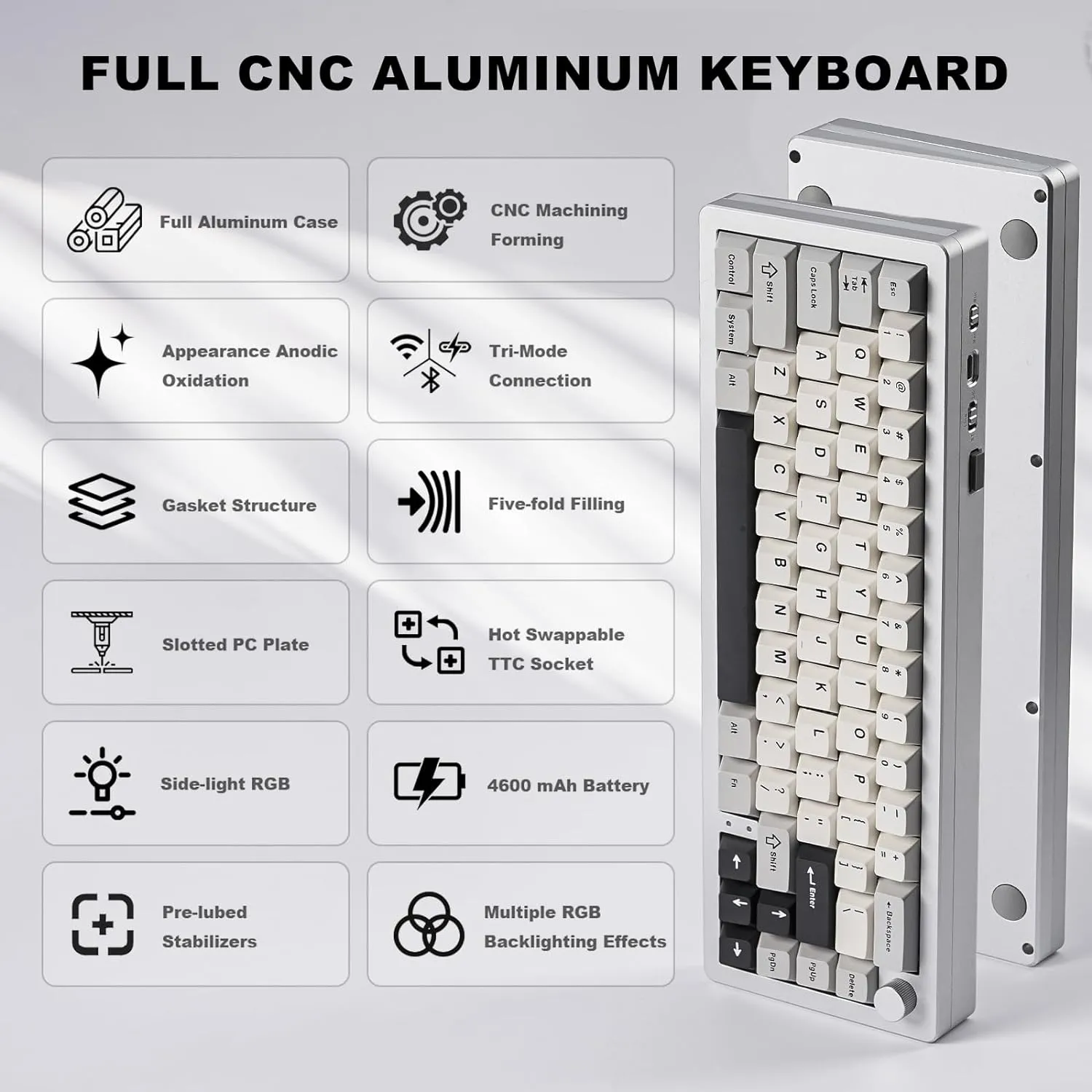 YUNZII AL66 Wireless Mechanical Keyboard,Full Aluminum CNC,65% Knob Control,Bluetooth/2.4G/Wired,Hot Swappable Pre-lubed Switches,Gasket Mounted RGB for Win/Mac(Milk Switch, Silver)