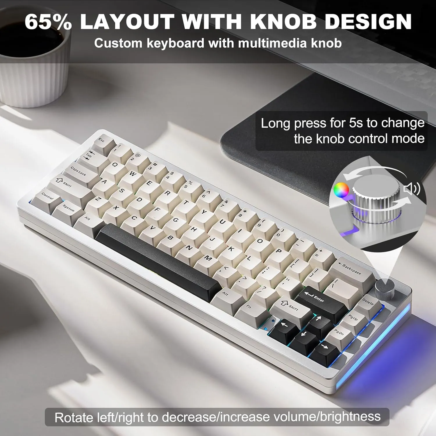 YUNZII AL66 Wireless Mechanical Keyboard,Full Aluminum CNC,65% Knob Control,Bluetooth/2.4G/Wired,Hot Swappable Pre-lubed Switches,Gasket Mounted RGB for Win/Mac(Milk Switch, Silver)