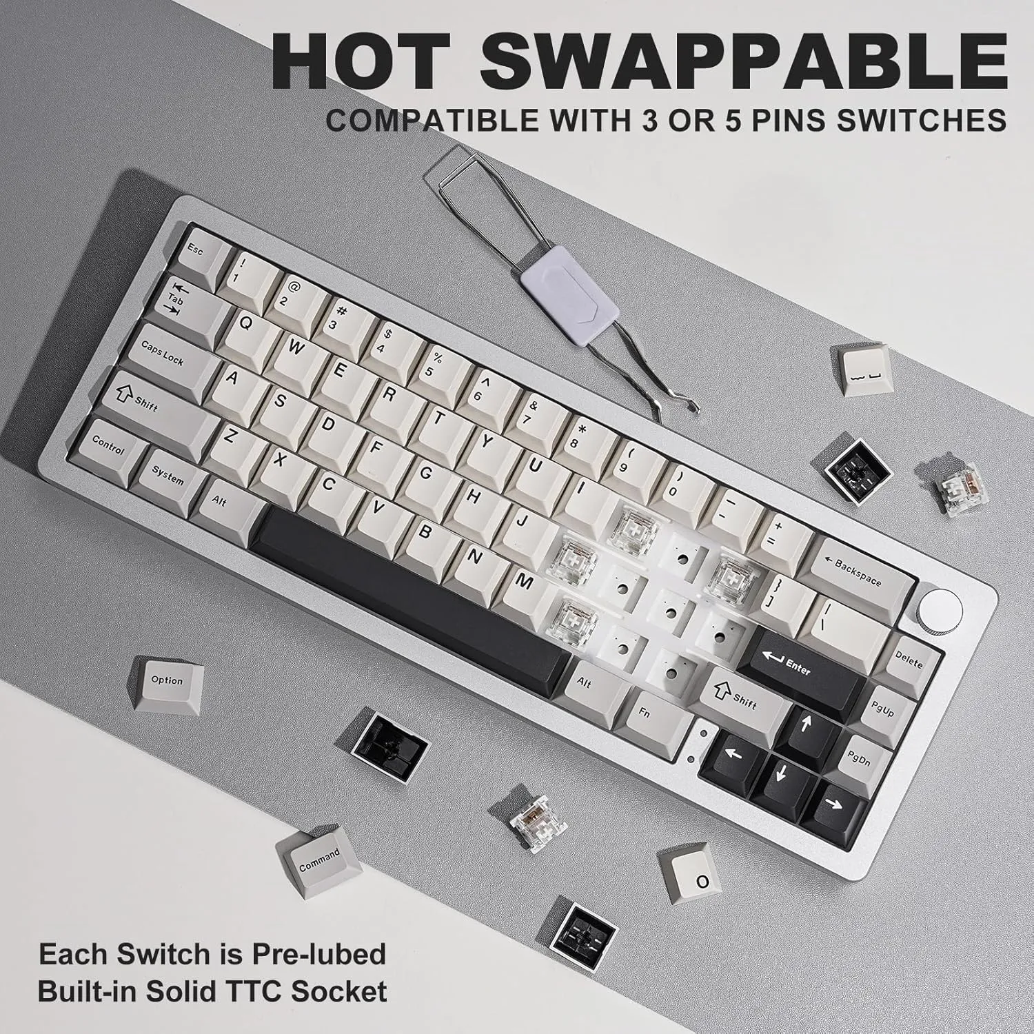 YUNZII AL66 Wireless Mechanical Keyboard,Full Aluminum CNC,65% Knob Control,Bluetooth/2.4G/Wired,Hot Swappable Pre-lubed Switches,Gasket Mounted RGB for Win/Mac(Milk Switch, Silver)