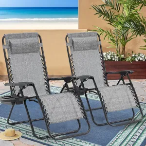 Zero Gravity Chairs Set of 2, 350lbs Capacity Folding Outdoor Patio Recliner with Adjustable Headrest & Cup Holder, Anti Gravity Chair for Backyard, Poolside & Lawn (Gray)