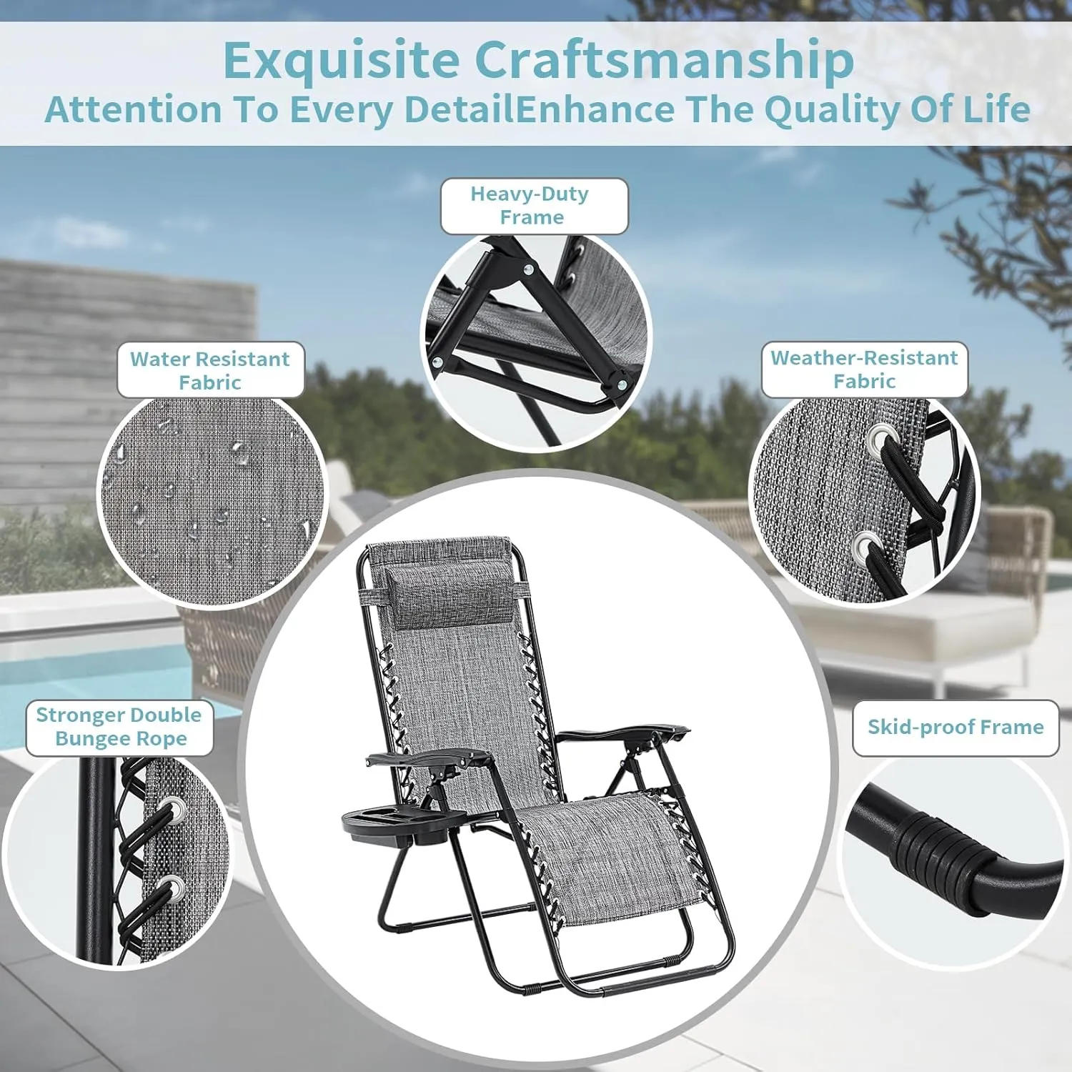Zero Gravity Chairs Set of 2, 350lbs Capacity Folding Outdoor Patio Recliner with Adjustable Headrest & Cup Holder, Anti Gravity Chair for Backyard, Poolside & Lawn (Gray)