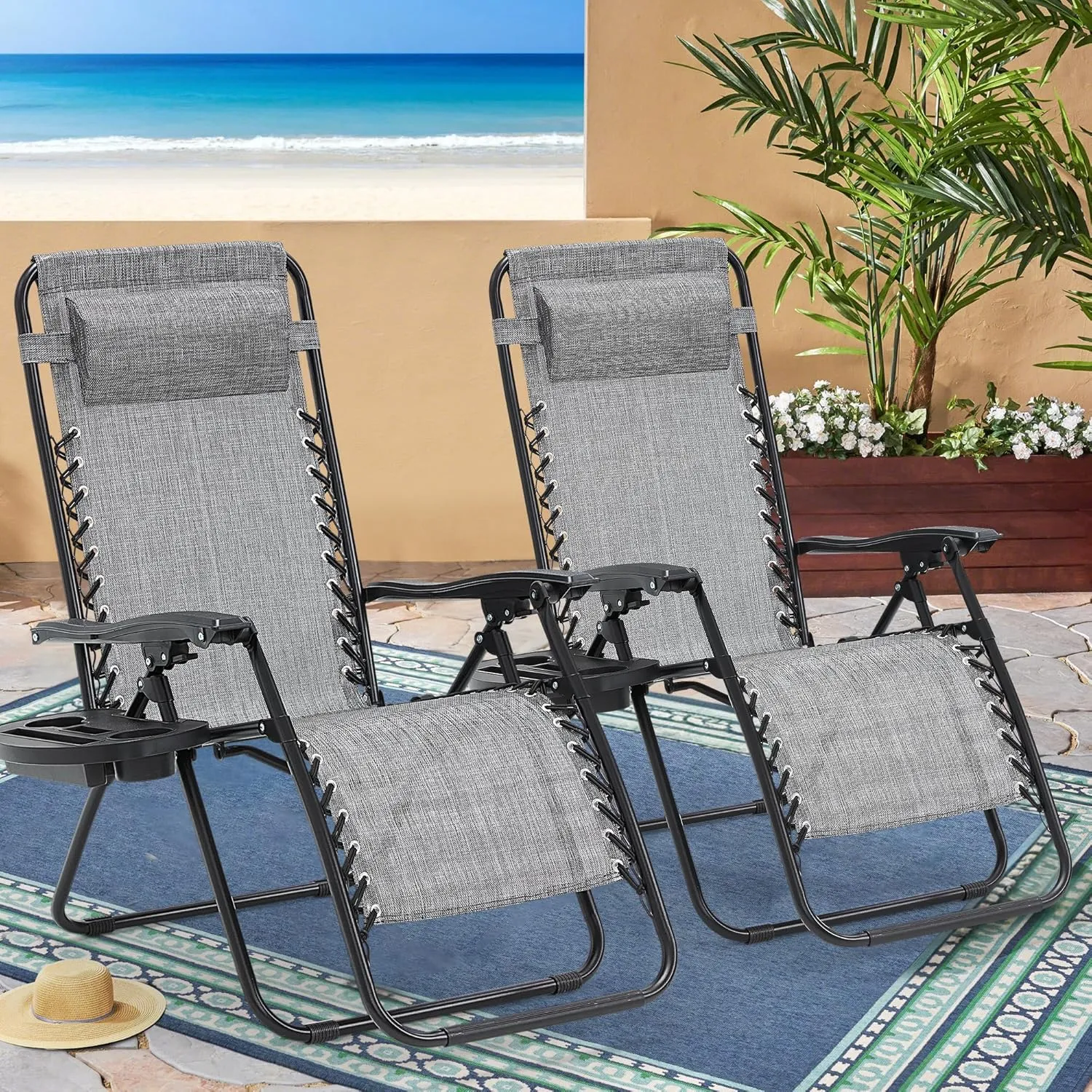 Zero Gravity Chairs Set of 2, 350lbs Capacity Folding Outdoor Patio Recliner with Adjustable Headrest & Cup Holder, Anti Gravity Chair for Backyard, Poolside & Lawn (Gray)