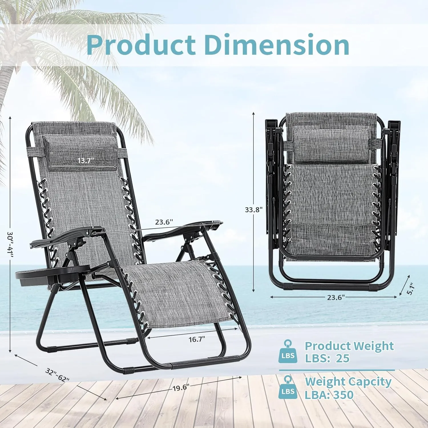 Zero Gravity Chairs Set of 2, 350lbs Capacity Folding Outdoor Patio Recliner with Adjustable Headrest & Cup Holder, Anti Gravity Chair for Backyard, Poolside & Lawn (Gray)