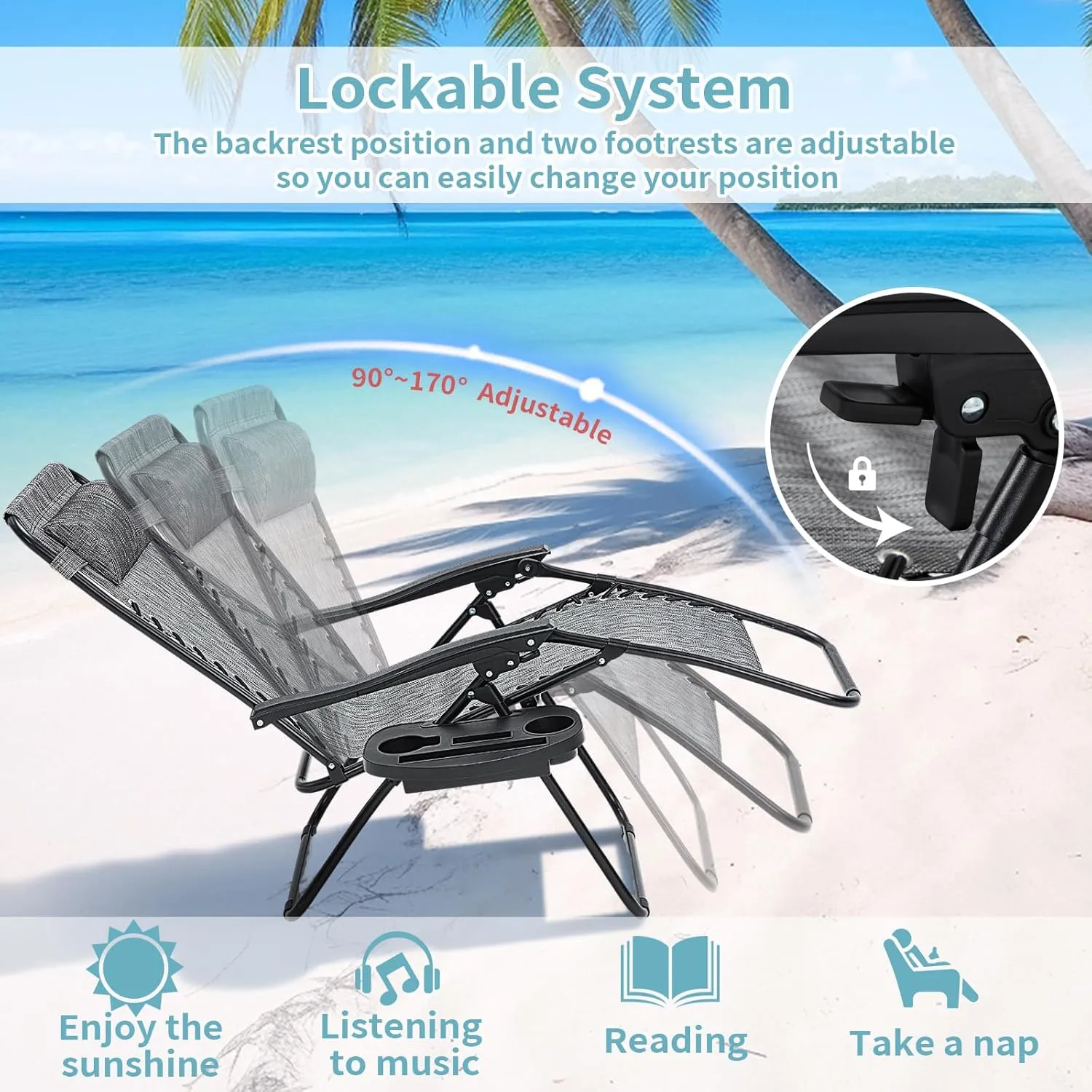 Zero Gravity Chairs Set of 2, 350lbs Capacity Folding Outdoor Patio Recliner with Adjustable Headrest & Cup Holder, Anti Gravity Chair for Backyard, Poolside & Lawn (Gray)